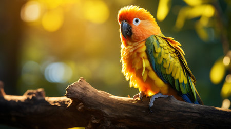 Colorful Sun Conure on Forest Perch surrounded by lush greenery and sunlight making it ideal for nature-themed visuals.の素材
