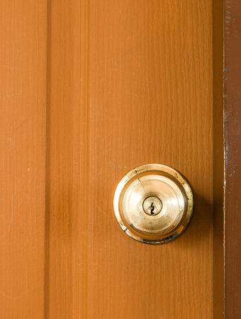 Circle door knob on closed brown wooden door.