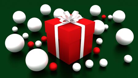 3d RED gift box  tied with a WHITE satin ribbon bow. and WHITE balls on green background.for Christmas and HAPPY new year.2018の写真素材