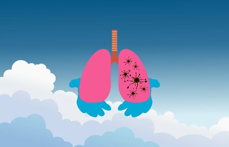 Blue 2 hands that hold the virus-infected  lungs on blue sky and white cloud.vector illustration.のイラスト素材