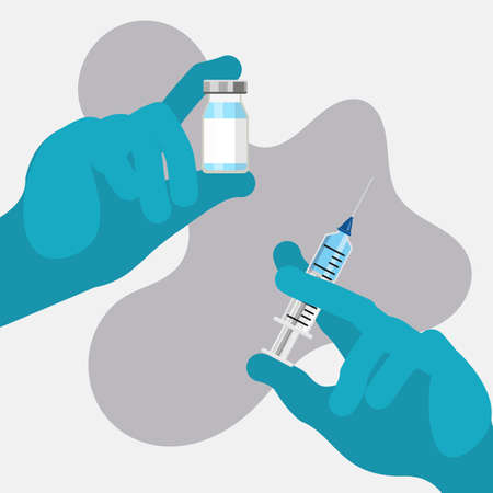 Closeup hands in protective blue gloves holds a syringe with a coronavirus vaccine. Injection of the vaccine from covid-2019. Pandemic coronavirus 2020のイラスト素材