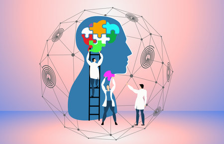 Psychology specialist doctor work together to fix connecting jigsaw piece brain head puzzle...