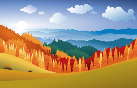 Vector illustration of autumn landscape with yellow, red,orange forest ,green  fields and mountains at sunset with beautiful white could and  blue sky.のイラスト素材