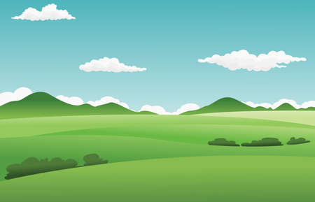 landscape summer green fields background with grass,trees,white cloud and blue sky.cartoon style.vector illustration.のイラスト素材