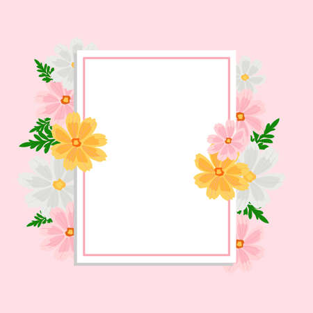 Cosmos Flower Frame Pink, natural summer field, beautifully relaxing nature. Vector illustration floralのイラスト素材