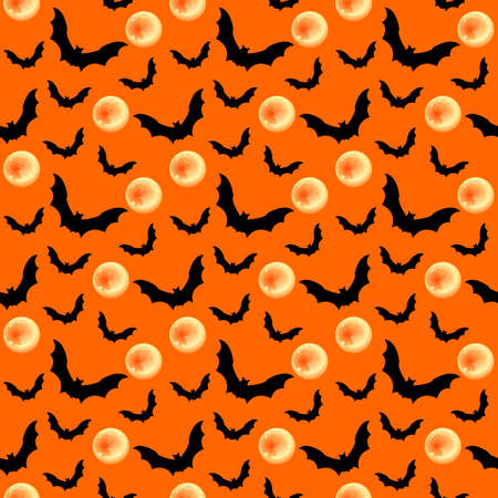 Seamless pattern with black bat, full moon. Halloween background vector design.のイラスト素材