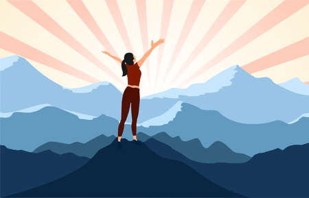 successful woman hiker enjoy  the view with arms open on cliff edge top of mountain and sunshine background.のイラスト素材