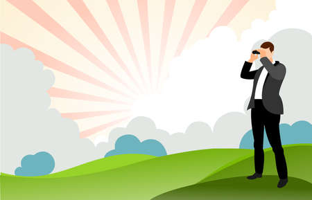 Businessman with binocular searching for opportunities. Standing in nature with  beautiful landscape and sunrise in background.のイラスト素材
