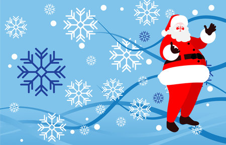 Santa Claus cartoon standing with Christmas white snowfall and blue line on blue background.のイラスト素材