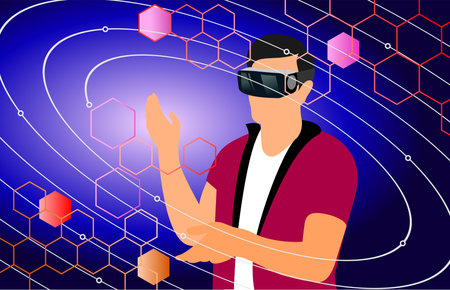 Man wearing vr headset and abstract futuristic, hexagon shape on dark blue color background.vector...