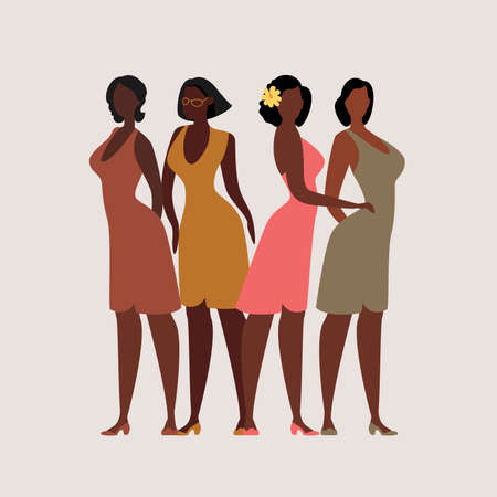 Young black women sexy model woman in fashion dress clothes. Black short haircut. Set of poses and gestures. Vector illustration. Female cartoon character. fashion clothes.のイラスト素材