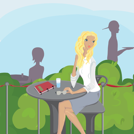 Girl sits at a table in a cafeのイラスト素材