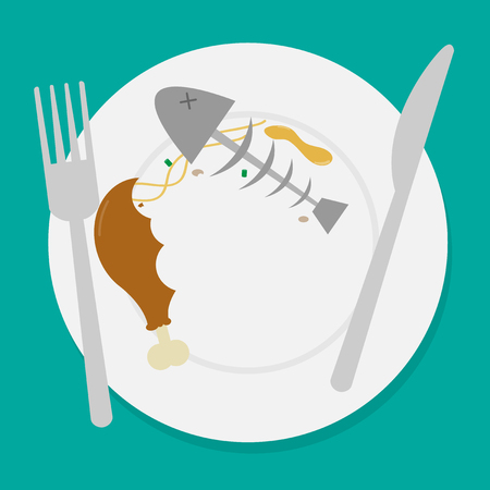 dirty waste food on plate with fork and spoon.のイラスト素材