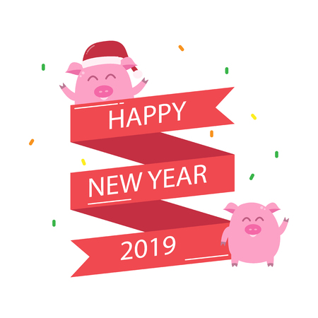 Happy New Year 2019. Cute Pig cartoon on white background. vector illustrationのイラスト素材