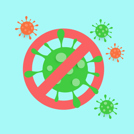 Virus icon. Coronavirus with red prohibit sign. Stop COVID-19 concept. Vector illustrationのイラスト素材