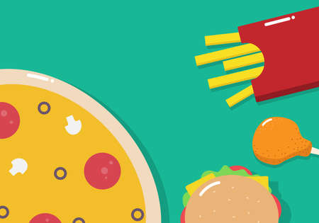 Junk food design background. Pizza,French Fried,Fried Chicken,Hamburger. Set of fast food concept. vector illustrationのイラスト素材