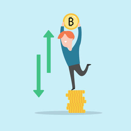Man holding bitcoin. Cryptocurrency concept. Business character. Vector illustration.のイラスト素材
