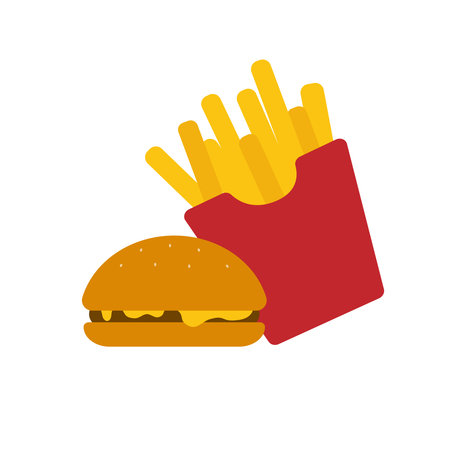 Fast food icon. French fries and hamburger. White isolate background. Vector illustrationのイラスト素材