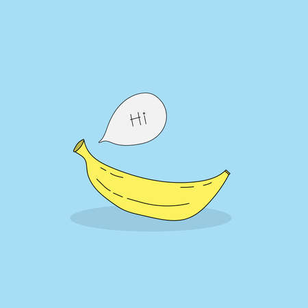 Cute banana with speech bubble message. Hi Greeting logo. Hand draw cartoon. vector illustrationのイラスト素材