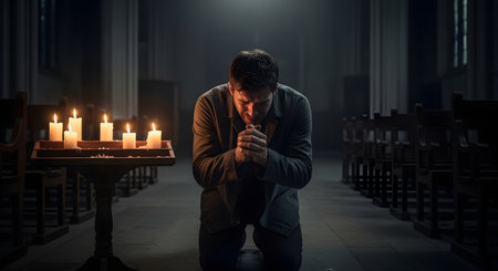 Young man praying in the church at night with candles in the backgroundの素材
