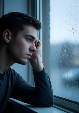 Sad young man sitting on the windowsill and looking out the windowの素材