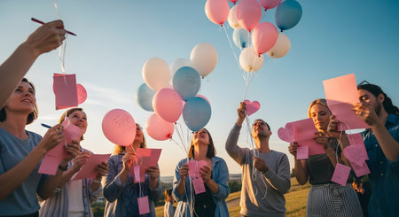 Group of happy friends having fun at a birthday party, holding colorful balloons and notes.の素材