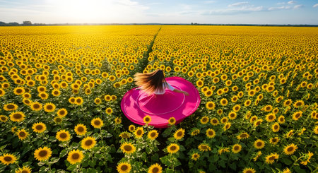 Young woman in pink hat on sunflower field at sunset. Rear viewの素材