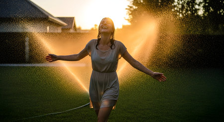 Young woman watering the lawn with a sprinkler at sunset time.の素材