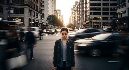 young beautiful hipster woman in the city at sunset, lifestyle people conceptの素材