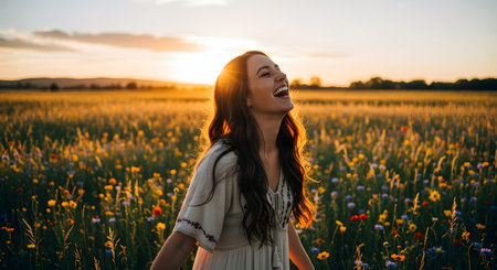 Beautiful young woman enjoying the sunset in a field of wildflowersの素材