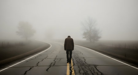 A man walking on an empty road in a foggy day.の素材