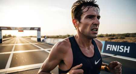 Athletic man running on a race track in the morningの素材