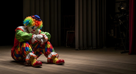 Clown sitting on a wooden floor in front of a stage curtainの素材
