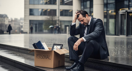 stressed businessman sitting on the street with box of personal belongings and looking sadの素材