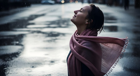 Young beautiful brunette woman with scarf in the rain at night.の素材