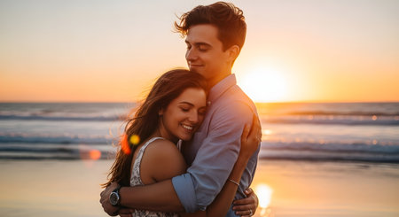 Beautiful young couple hugging and smiling on the beach at sunset.の素材