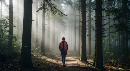Man in red jacket walking in the forest with fog in the backgroundの素材