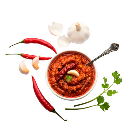 Chilli sauce in a bowl with garlic, chili pepper and parsley on white backgroundの素材