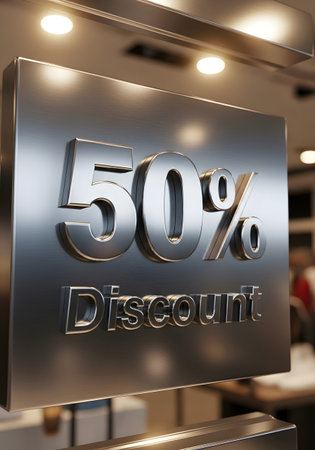 50 percent discount sign on the wall in the store. 3d renderの素材