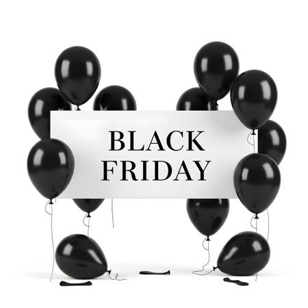 Black Friday card with balloons isolated on white background. 3d rendering.の素材