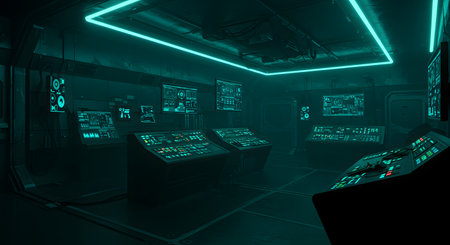 Dark spaceship interior with neon lights, 3d rendering. Computer digital drawing.の素材
