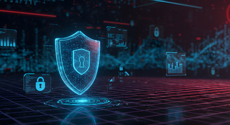 Cyber security concept. Shield with padlock on digital background. 3D Renderingの素材