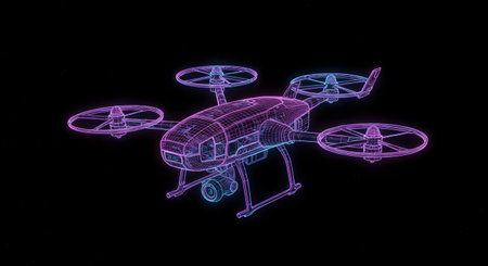 3d rendering of a quadcopter in neon light on a black backgroundの素材