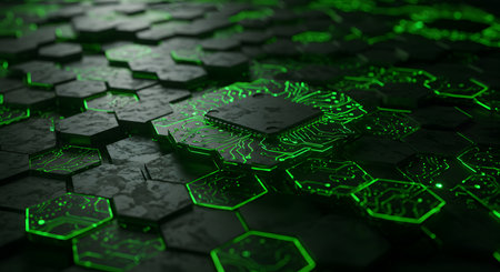 Futuristic technological background with hexagons and circuit board. 3D renderingの素材