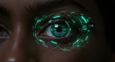 Close up of woman's eye looking at digital screen with hud interfaceの素材
