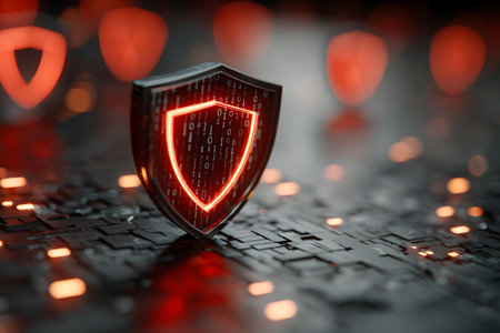 Protection concept. Shield with cyber security symbol. 3D renderingの素材