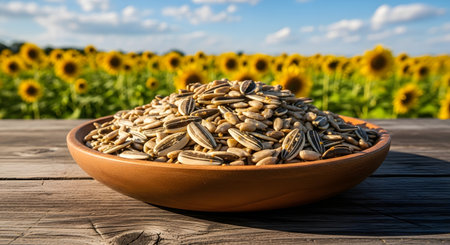 Sunflower seeds in bowl on wooden table and sunflower field in backgroundの素材