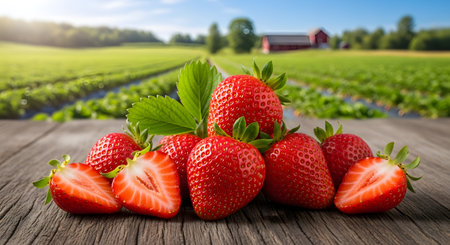 Strawberries on a wooden table with a red barn in the backgroundの素材