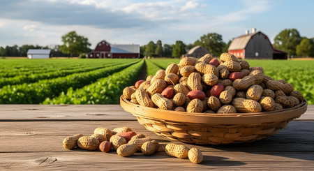 Peanuts in a wicker basket on a wooden table with a barn in the backgroundの素材