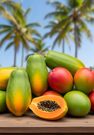 Papaya fruit on the wooden table with palm tree background.の素材
